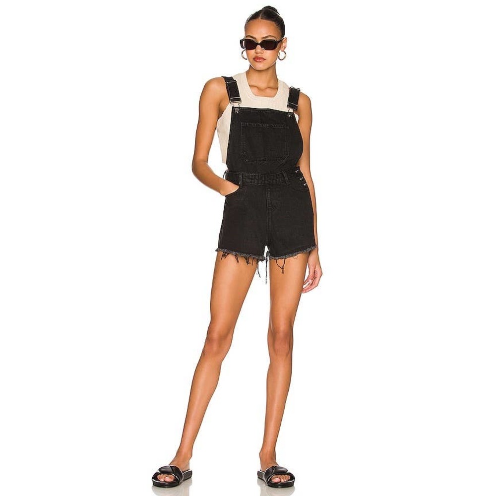 Superdown Denim Short Overalls in Washed Black
